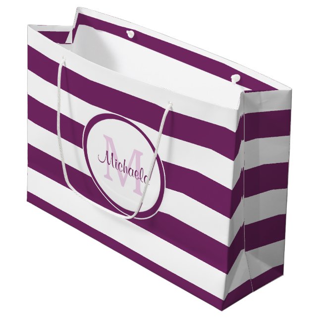 Grand Sac Cadeau Fun Bright Violet Horizontal Stripes Avec Monogram (Devant Angle)