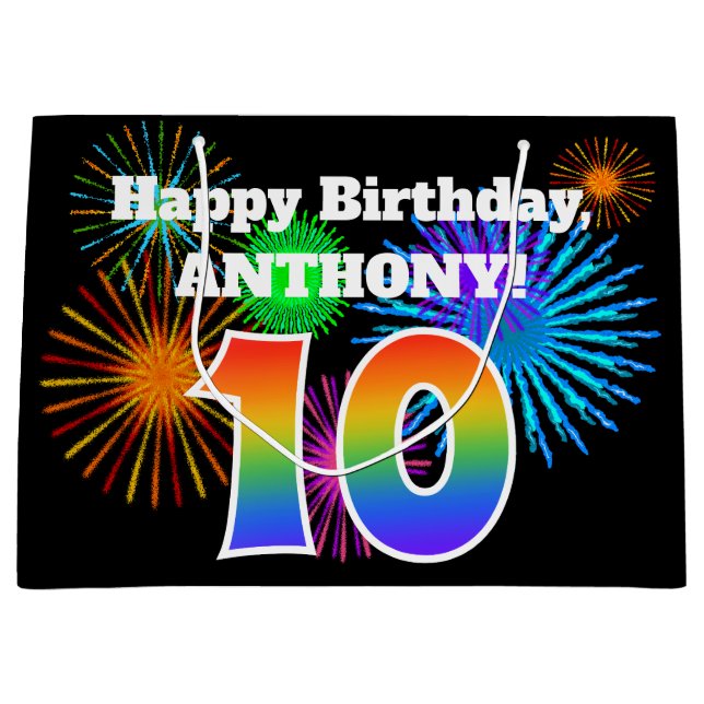 Grand Sac Cadeau Fun Fireworks + Rainbow Motif "10" Anniversaire # (Devant)