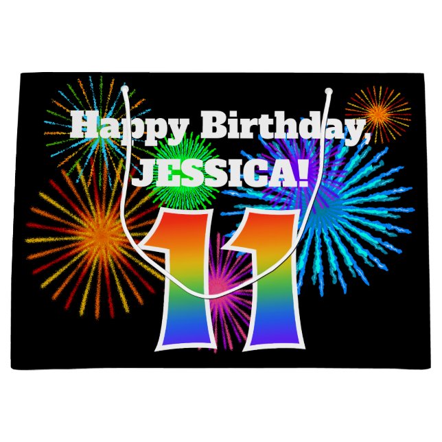 Grand Sac Cadeau Fun Fireworks + Rainbow Motif "11" Anniversaire # (Devant)