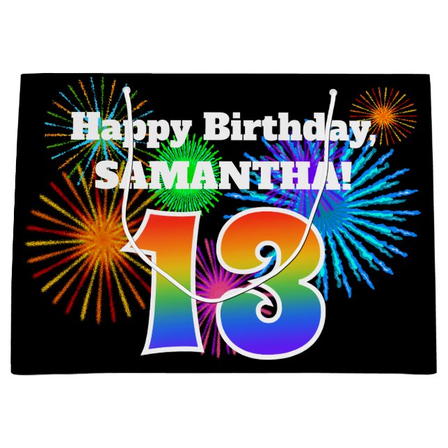 Grand Sac Cadeau Fun Fireworks + Rainbow Motif "13" Anniversaire # (Devant)