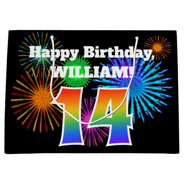 Grand Sac Cadeau Fun Fireworks + Rainbow Motif "14" Anniversaire # (Devant)
