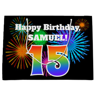 Grand Sac Cadeau Fun Fireworks + Rainbow Motif "15" Anniversaire #