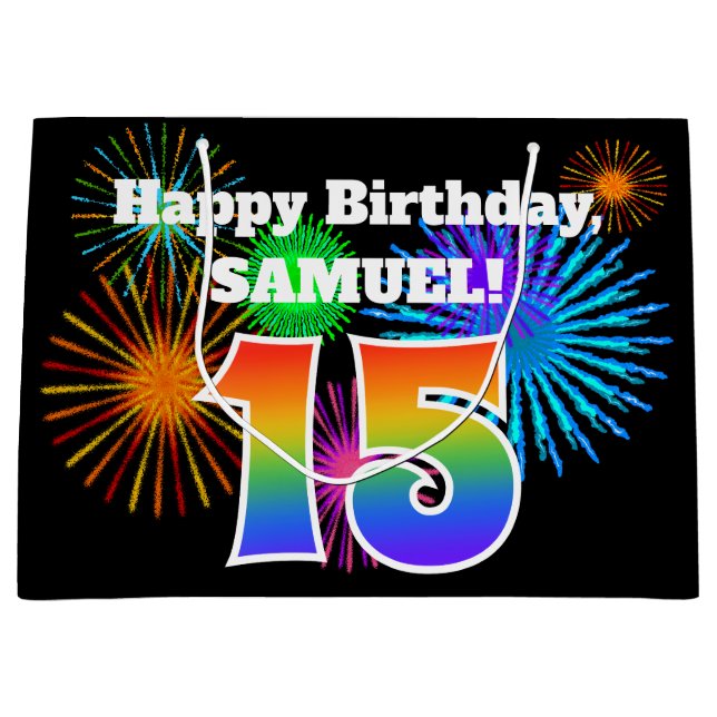 Grand Sac Cadeau Fun Fireworks + Rainbow Motif "15" Anniversaire # (Devant)