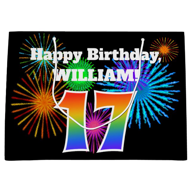 Grand Sac Cadeau Fun Fireworks + Rainbow Motif "17" Anniversaire # (Devant)