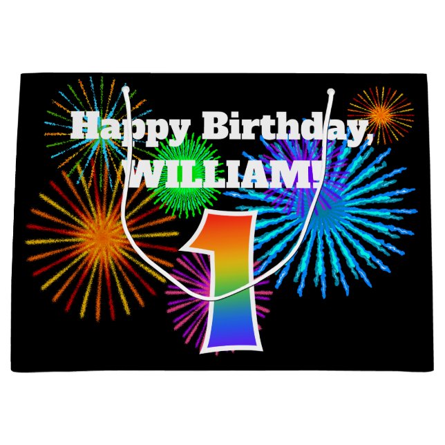 Grand Sac Cadeau Fun Fireworks + Rainbow Motif "1" Anniversaire # (Devant)