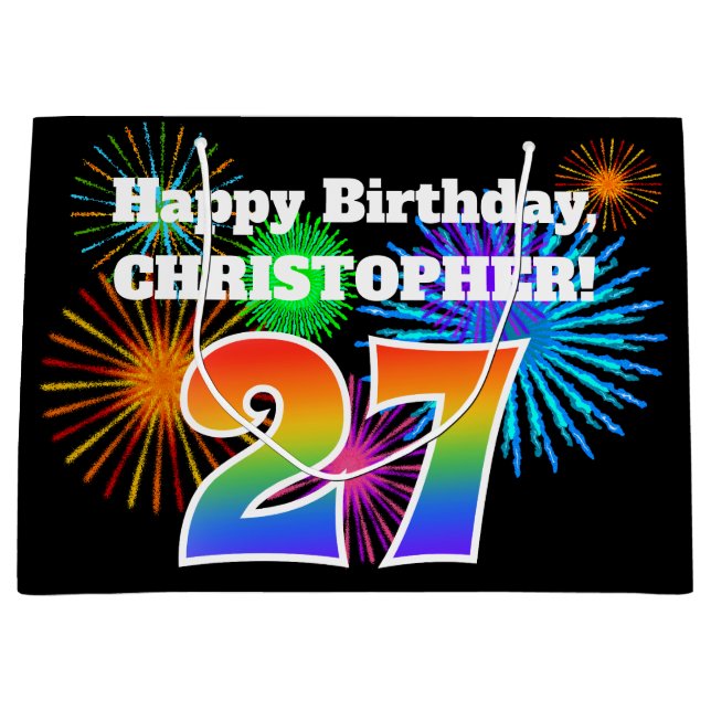 Grand Sac Cadeau Fun Fireworks + Rainbow Motif "27" Anniversaire # (Devant)