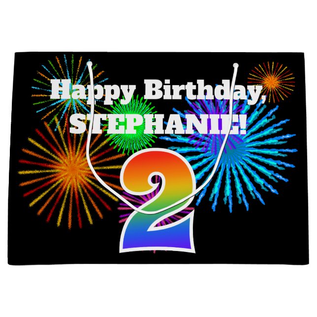 Grand Sac Cadeau Fun Fireworks + Rainbow Motif "2" Anniversaire # (Devant)