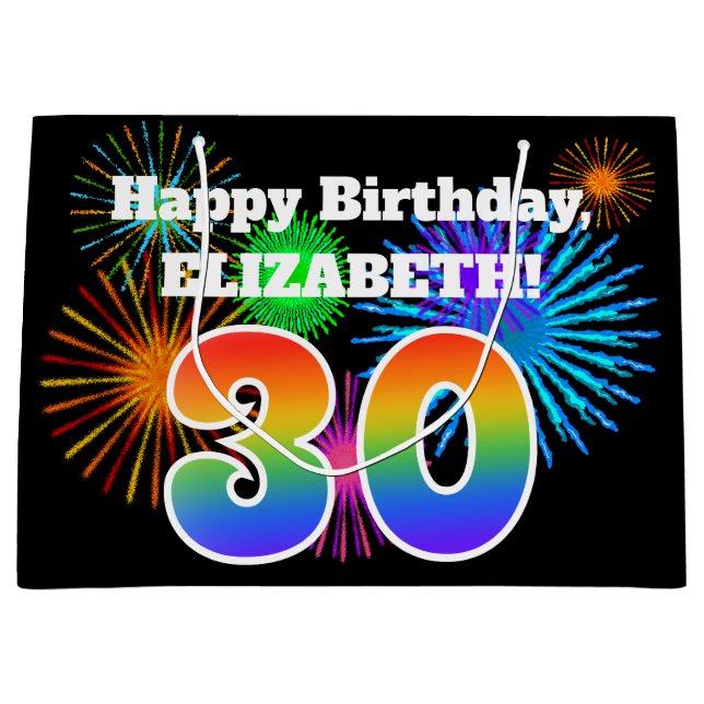 Grand Sac Cadeau Fun Fireworks + Rainbow Motif "30" Anniversaire # (Devant)