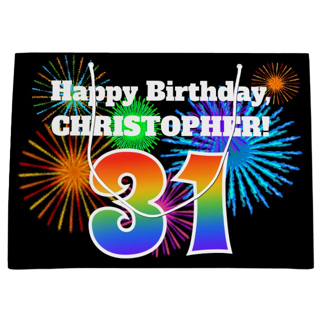 Grand Sac Cadeau Fun Fireworks + Rainbow Motif "31" Anniversaire # (Devant)