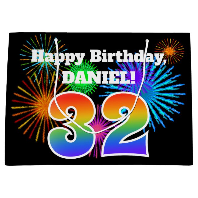 Grand Sac Cadeau Fun Fireworks + Rainbow Motif "32" Anniversaire # (Devant)
