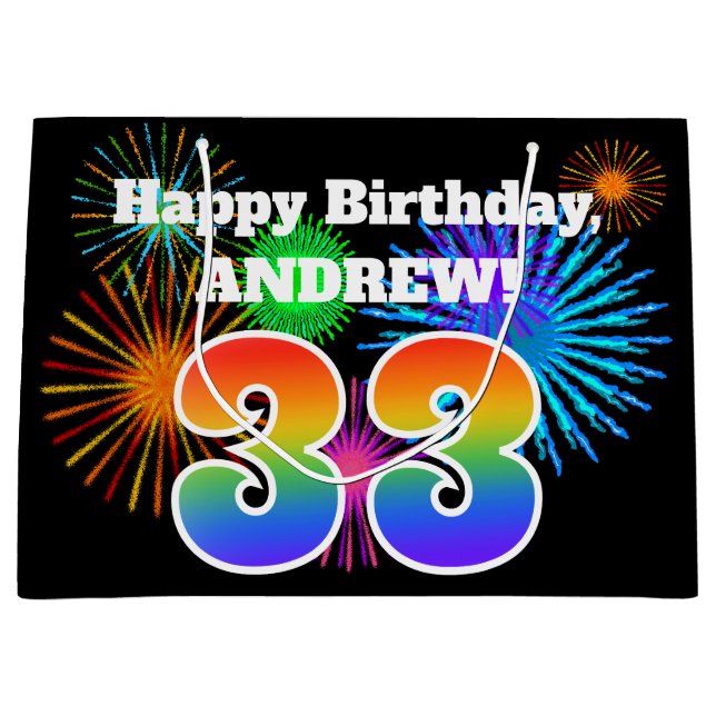 Grand Sac Cadeau Fun Fireworks + Rainbow Motif "33" Anniversaire # (Devant)