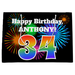 Grand Sac Cadeau Fun Fireworks + Rainbow Motif "34" Anniversaire #