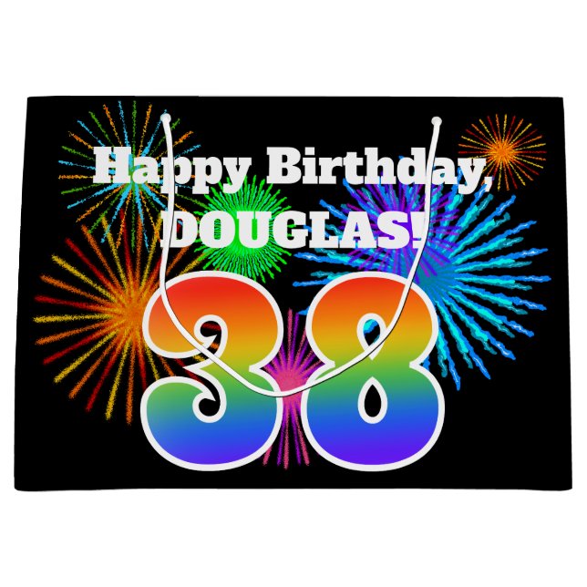 Grand Sac Cadeau Fun Fireworks + Rainbow Motif "38" Anniversaire # (Devant)