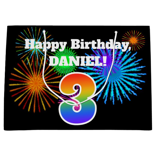 Grand Sac Cadeau Fun Fireworks + Rainbow Motif "3" Anniversaire # (Devant)