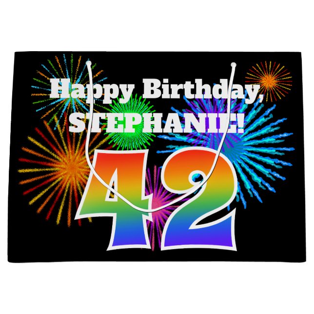 Grand Sac Cadeau Fun Fireworks + Rainbow Motif "42" Anniversaire # (Devant)