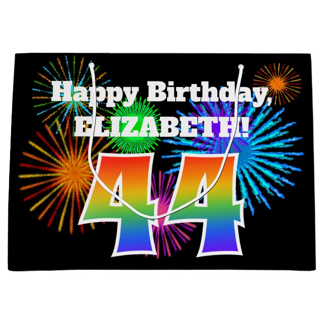 Grand Sac Cadeau Fun Fireworks + Rainbow Motif "44" Anniversaire # (Devant)