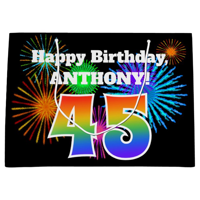 Grand Sac Cadeau Fun Fireworks + Rainbow Motif "45" Anniversaire # (Devant)