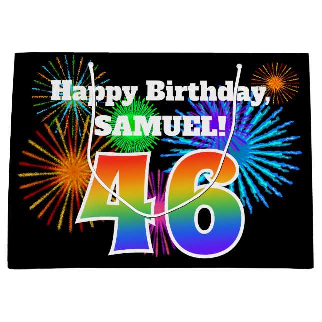 Grand Sac Cadeau Fun Fireworks + Rainbow Motif "46" Anniversaire # (Devant)