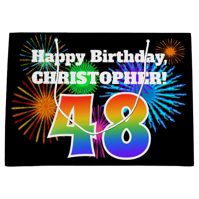 Grand Sac Cadeau Fun Fireworks + Rainbow Motif "48" Anniversaire # (Devant)
