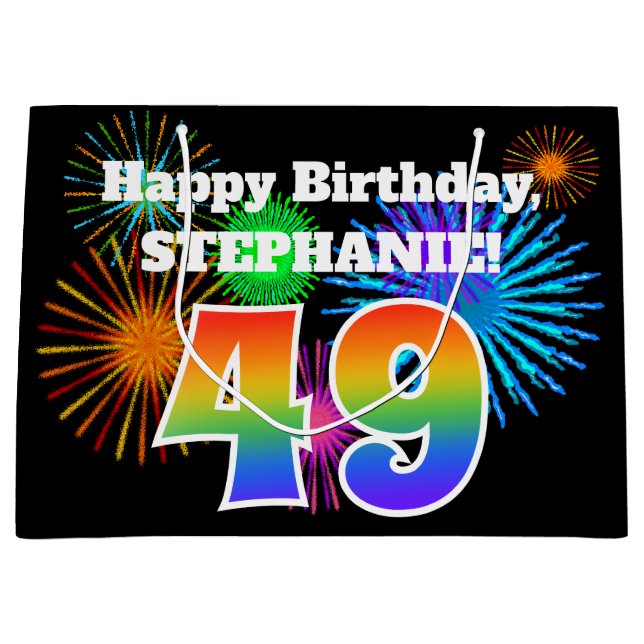 Grand Sac Cadeau Fun Fireworks + Rainbow Motif "49" Anniversaire # (Devant)
