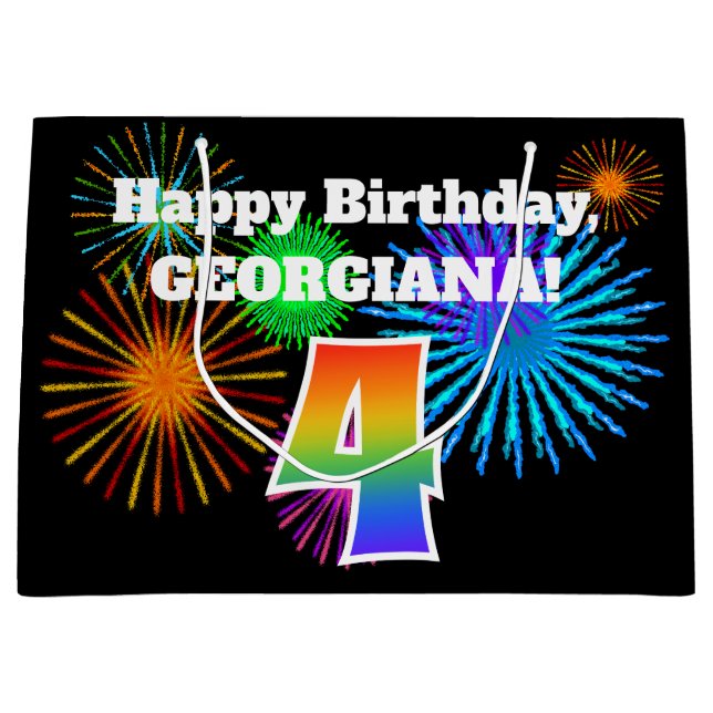 Grand Sac Cadeau Fun Fireworks + Rainbow Motif "4" Anniversaire # (Devant)