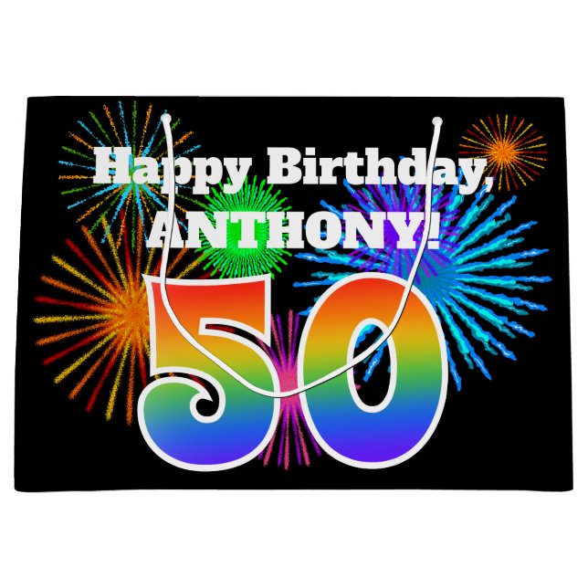 Grand Sac Cadeau Fun Fireworks + Rainbow Motif "50" Anniversaire # (Devant)