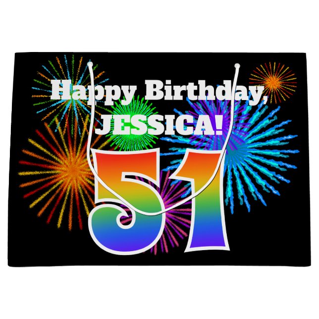 Grand Sac Cadeau Fun Fireworks + Rainbow Motif "51" Anniversaire # (Devant)