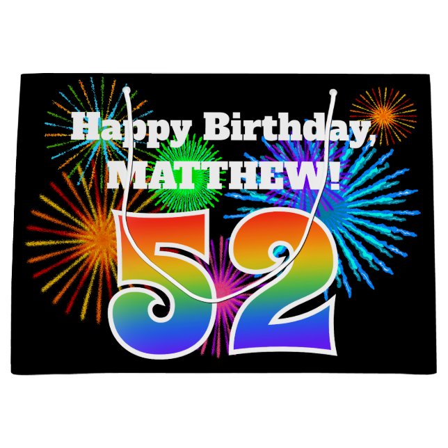 Grand Sac Cadeau Fun Fireworks + Rainbow Motif "52" Anniversaire # (Devant)