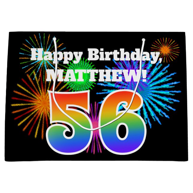 Grand Sac Cadeau Fun Fireworks + Rainbow Motif "56" Anniversaire # (Devant)