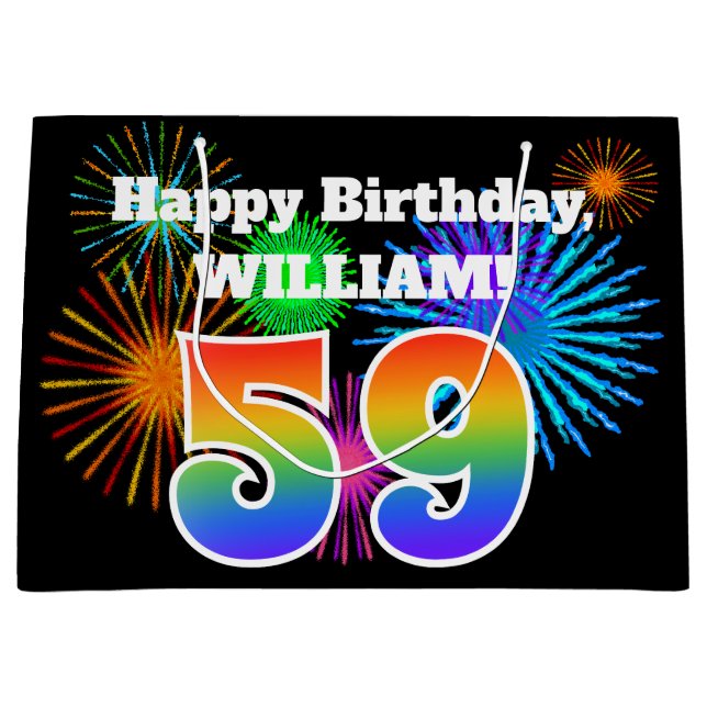 Grand Sac Cadeau Fun Fireworks + Rainbow Motif "59" Anniversaire # (Devant)