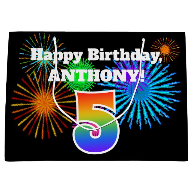 Grand Sac Cadeau Fun Fireworks + Rainbow Motif "5" Anniversaire # (Devant)