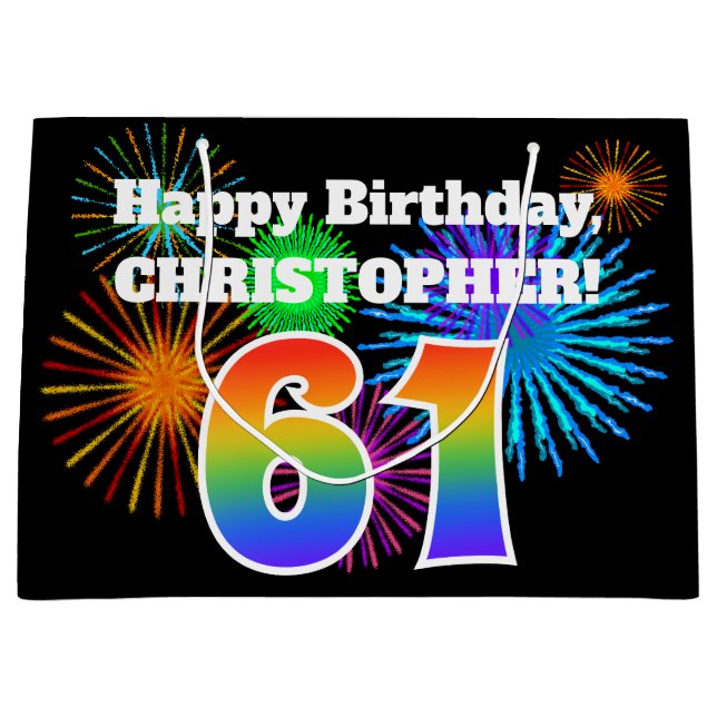 Grand Sac Cadeau Fun Fireworks + Rainbow Motif "61" Anniversaire # (Devant)