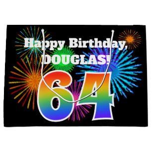Grand Sac Cadeau Fun Fireworks + Rainbow Motif "64" Anniversaire #