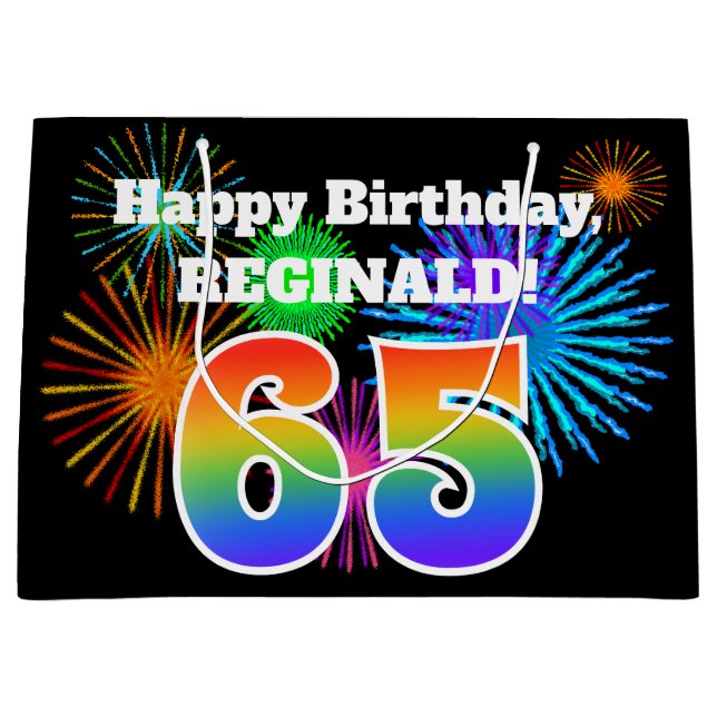 Grand Sac Cadeau Fun Fireworks + Rainbow Motif "65" Anniversaire # (Devant)
