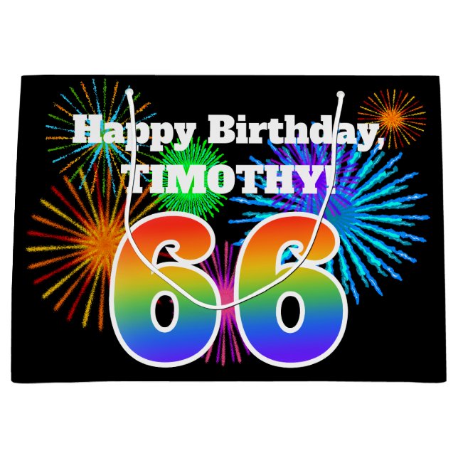 Grand Sac Cadeau Fun Fireworks + Rainbow Motif "66" Anniversaire # (Devant)