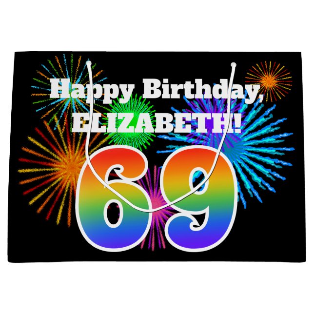 Grand Sac Cadeau Fun Fireworks + Rainbow Motif "69" Anniversaire # (Devant)