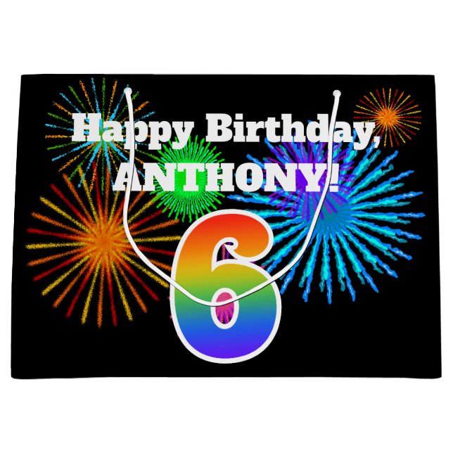 Grand Sac Cadeau Fun Fireworks + Rainbow Motif "6" Anniversaire # (Devant)