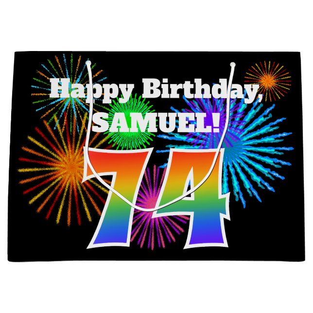 Grand Sac Cadeau Fun Fireworks + Rainbow Motif "74" Anniversaire # (Devant)
