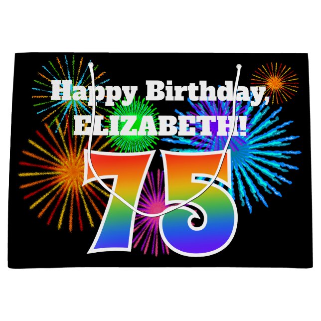 Grand Sac Cadeau Fun Fireworks + Rainbow Motif "75" Anniversaire # (Devant)