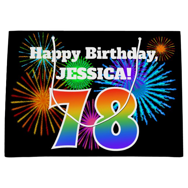Grand Sac Cadeau Fun Fireworks + Rainbow Motif "78" Anniversaire # (Devant)
