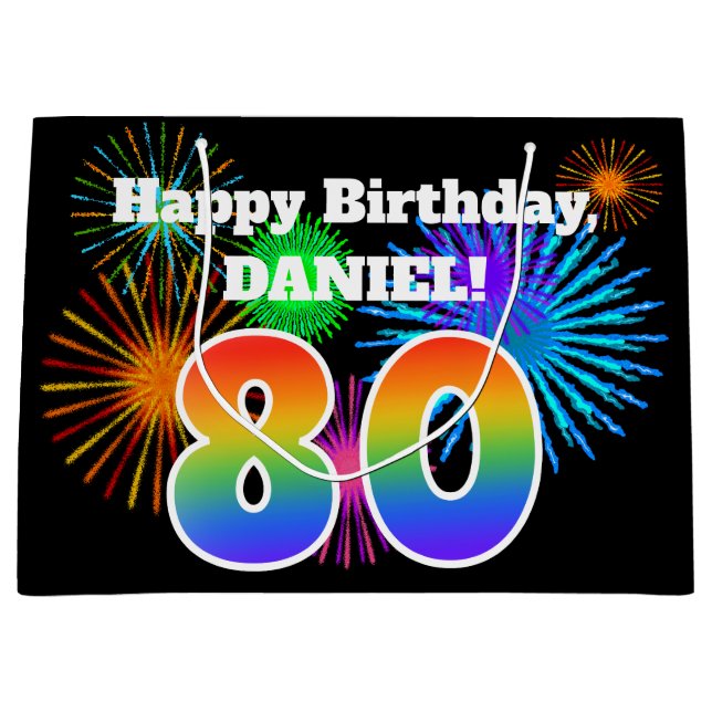 Grand Sac Cadeau Fun Fireworks + Rainbow Motif "80" Anniversaire # (Devant)