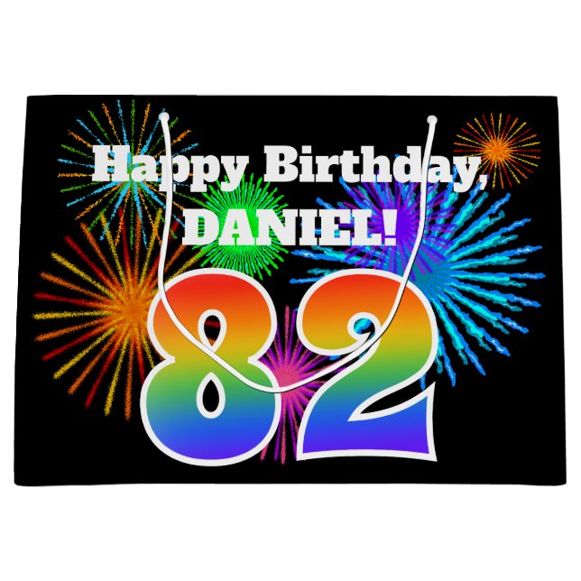 Grand Sac Cadeau Fun Fireworks + Rainbow Motif "82" Anniversaire # (Devant)