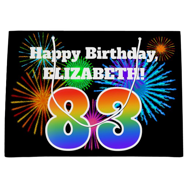 Grand Sac Cadeau Fun Fireworks + Rainbow Motif "83" Anniversaire # (Devant)