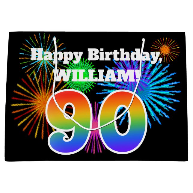 Grand Sac Cadeau Fun Fireworks + Rainbow Motif "90" Anniversaire # (Devant)