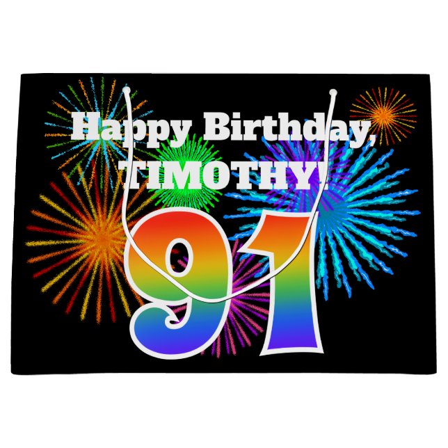 Grand Sac Cadeau Fun Fireworks + Rainbow Motif "91" Anniversaire # (Devant)