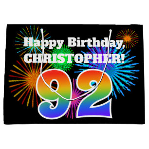 Grand Sac Cadeau Fun Fireworks + Rainbow Motif "92" Anniversaire #
