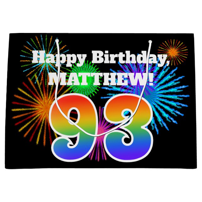 Grand Sac Cadeau Fun Fireworks + Rainbow Motif "93" Anniversaire # (Devant)