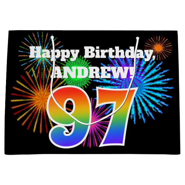 Grand Sac Cadeau Fun Fireworks + Rainbow Motif "97" Anniversaire # (Devant)