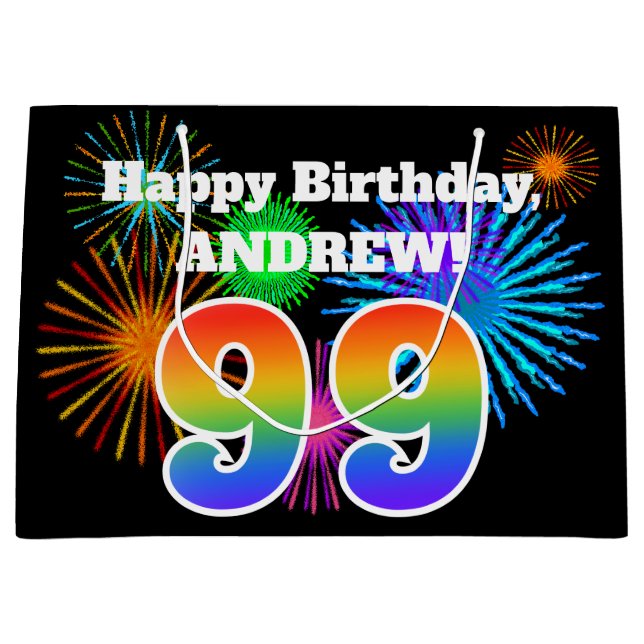 Grand Sac Cadeau Fun Fireworks + Rainbow Motif "99" Anniversaire # (Devant)