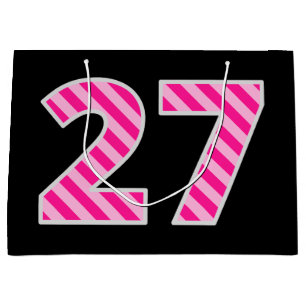 Grand Sac Cadeau Fun rose rayé "27"; Joyeux 27e anniversaire; Nom